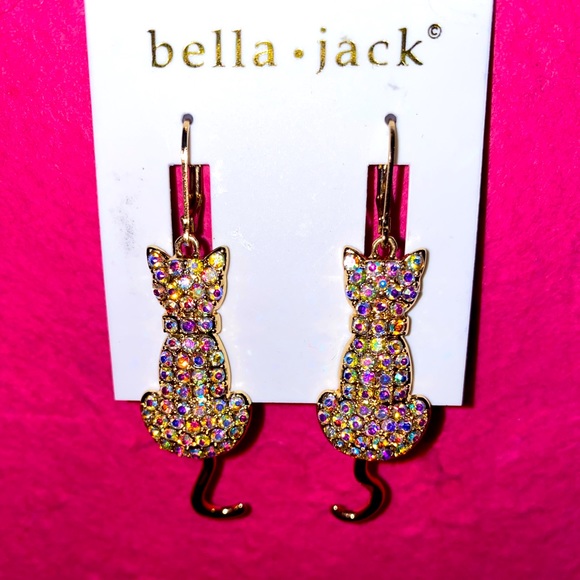 Cat Rhinestone Sparkle Crystal Gold Color Earrings - Picture 1 of 5